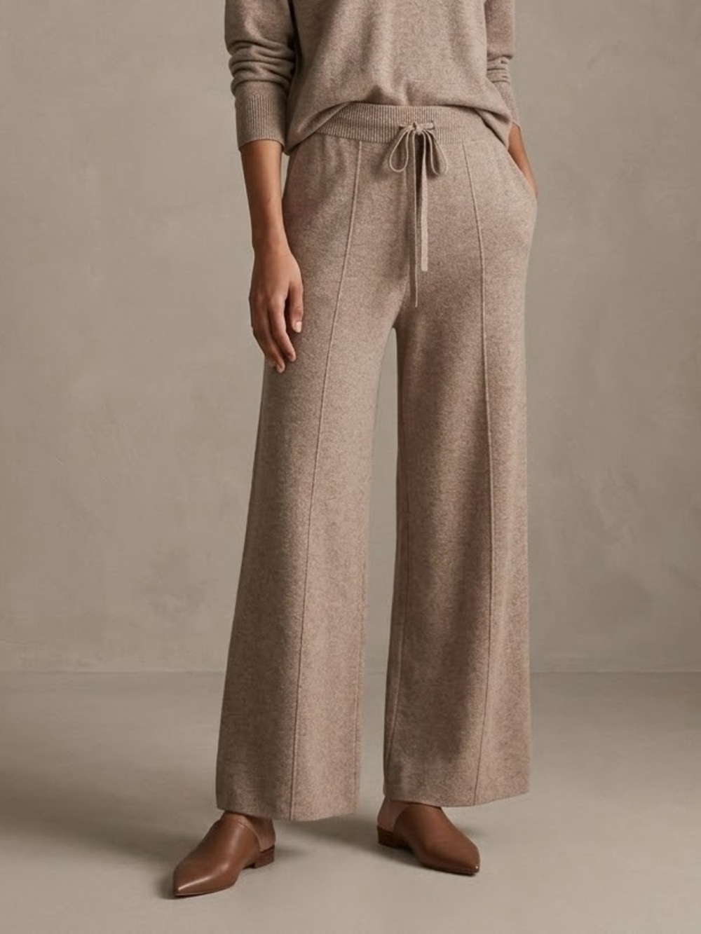 100% Cashmere Wide Leg Pants Taupe Knit Pintuck Lounge Trousers